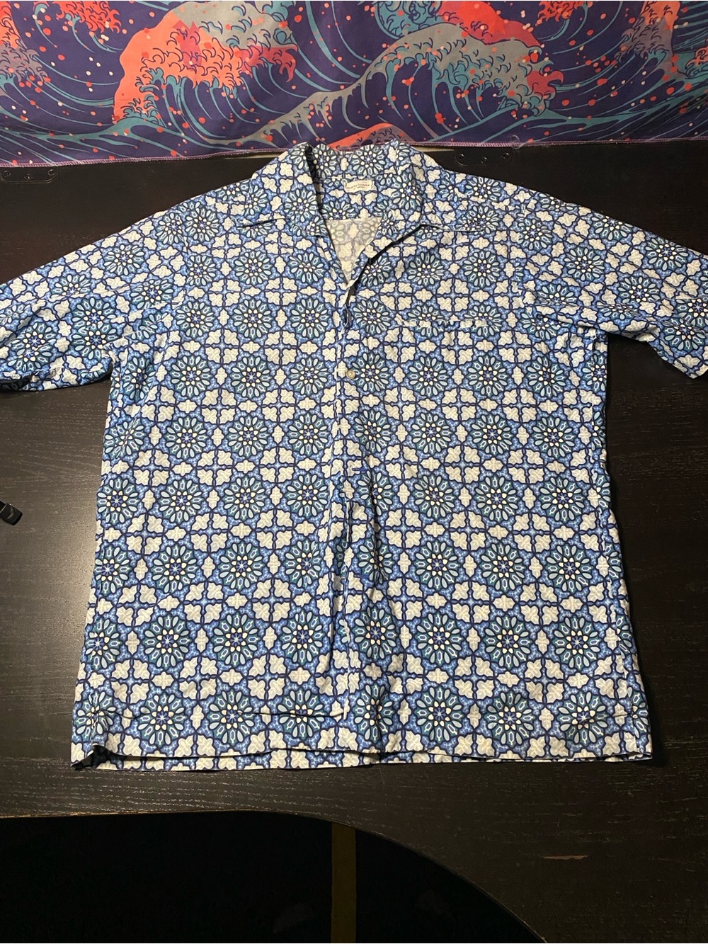 Men's Blue Tile-Print Short-Sleeve Button-Down Shirt